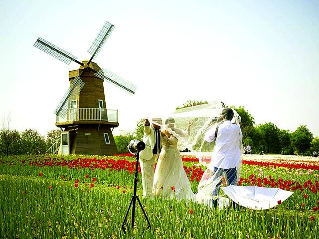 بیجنگ: نو بیاہتا جوڑا شینائی بین الاقوامی پھول میلہ میں تصویر کھنچوا رہا ہے