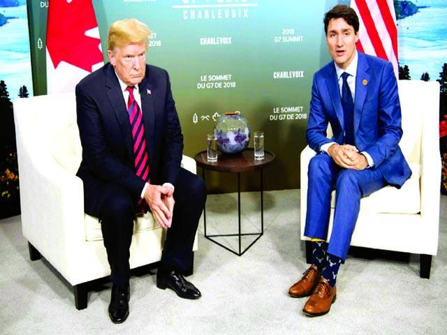  ٹورنٹو: امریکی صدر ٹرمپ جی سیون اجلا س کے موقع پر میزبان کینیڈا کے وزیراعظم سے ملاقات کررہے ہیں